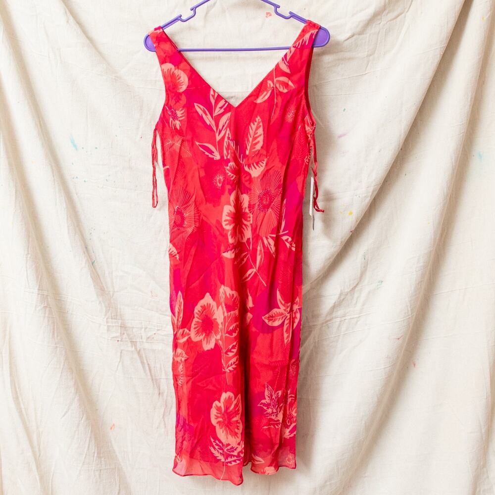 Jones NY Sz 12 NWT Flowy Red Pink 100% Silk Dress Floral Print V Neck Sleeveless